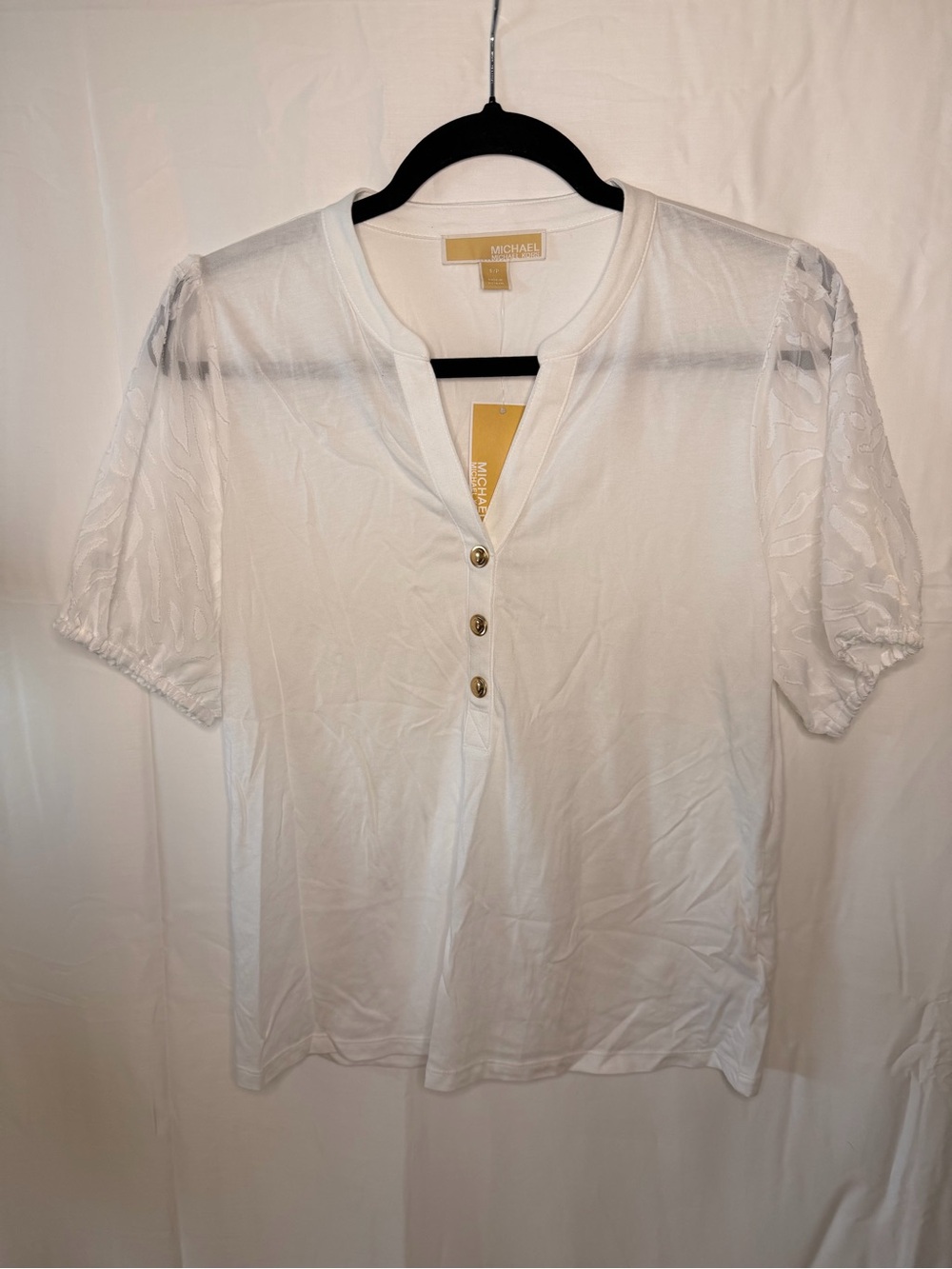Michael Kors White Short-Sleeve Henley with Sheer Floral Sleeves